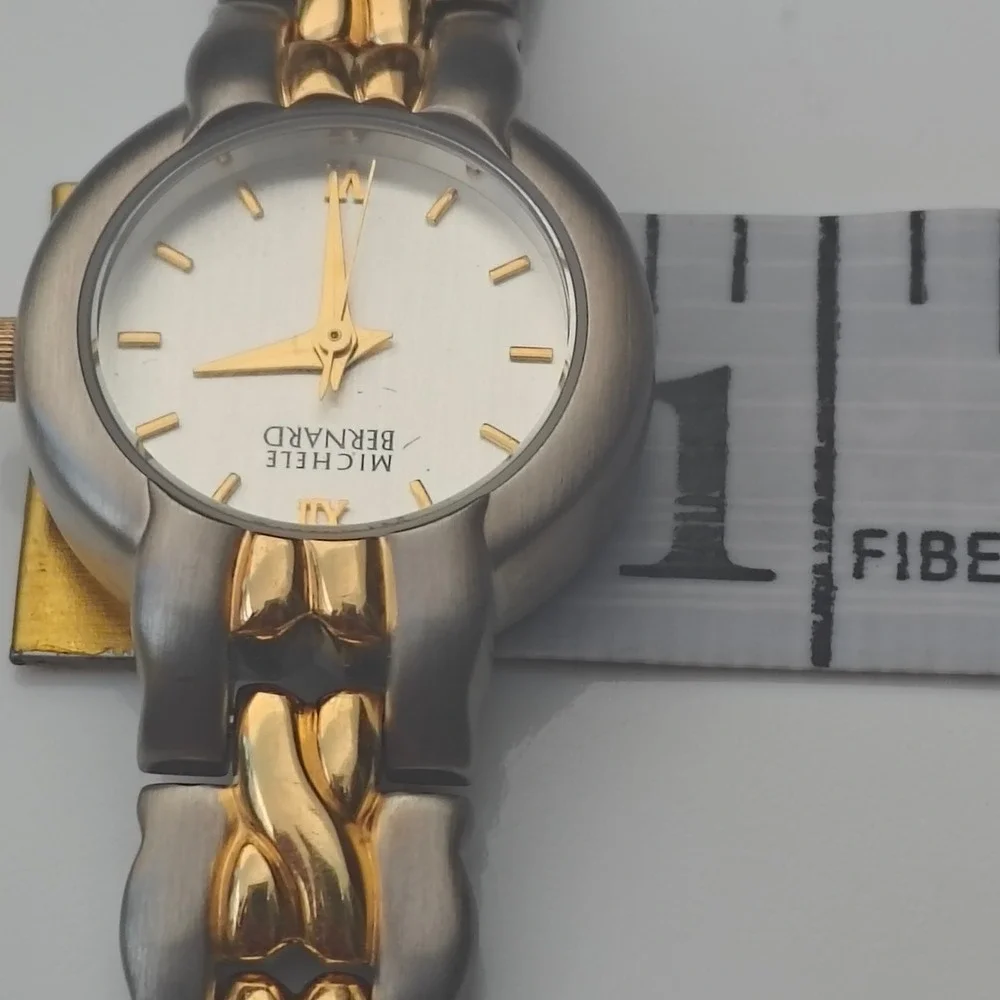 Michele Bernard Two Tone Women Watch Silver Gold Braided Link Case Fold Over